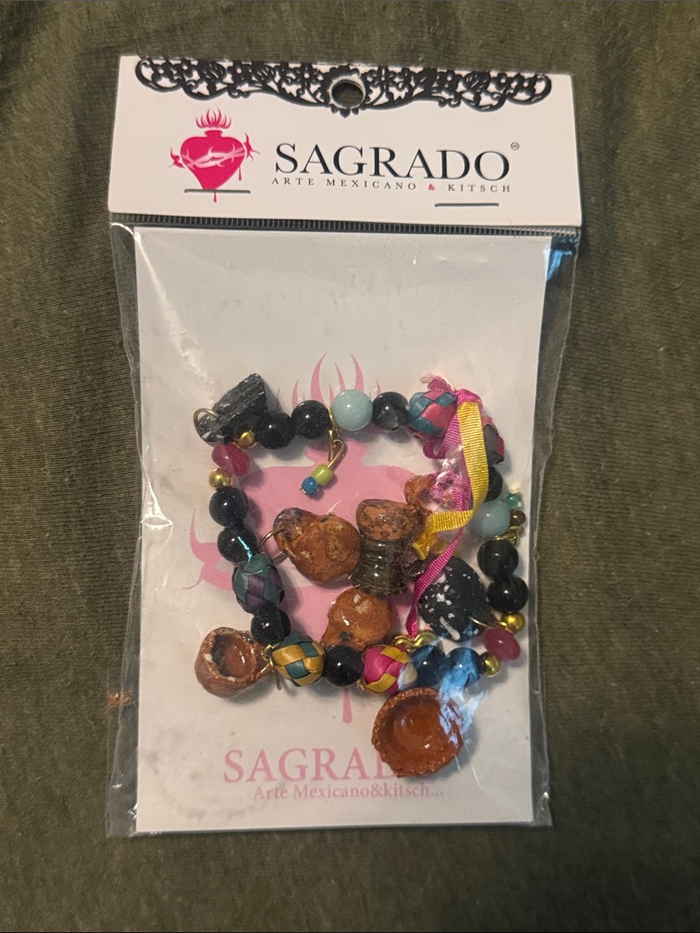 Sagrado Arte Mexicano & Kitsch HandMade Beaded Bracelet with Clay Charm